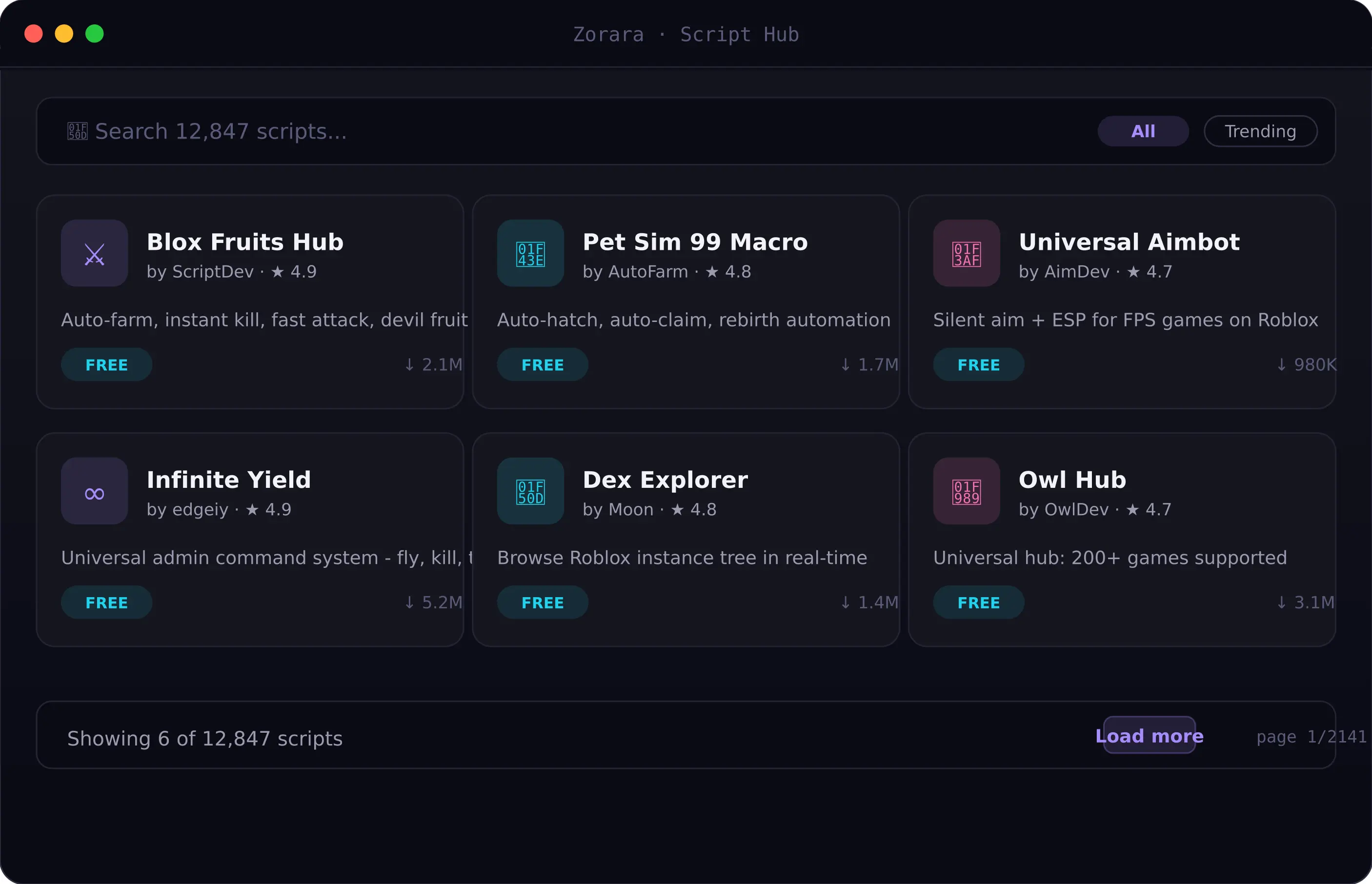 Zorara Executor built-in script hub showing trending Roblox scripts
