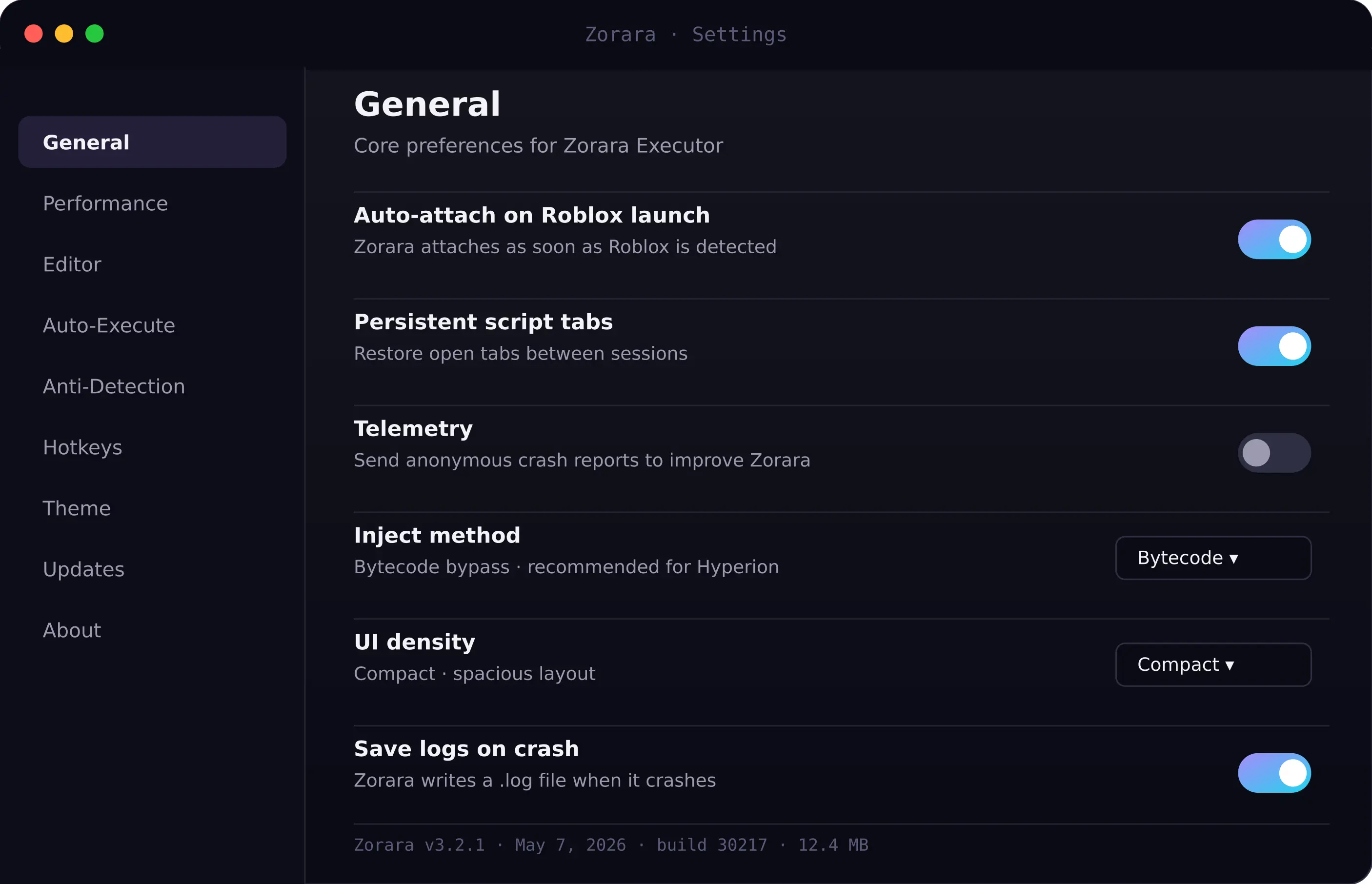 Zorara Executor settings panel with auto-attach and inject method controls